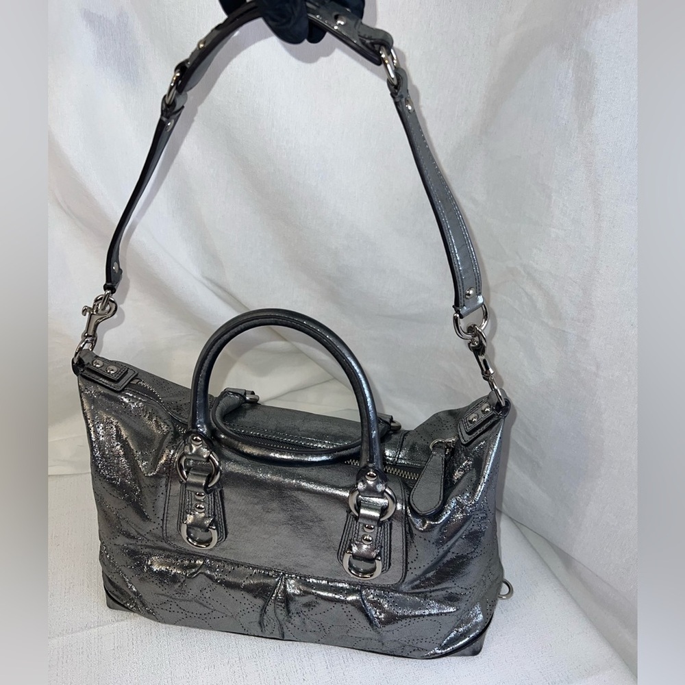 Coach Metallic Silver Leather Satchel Bag-see callouts - Picture 3 of 15